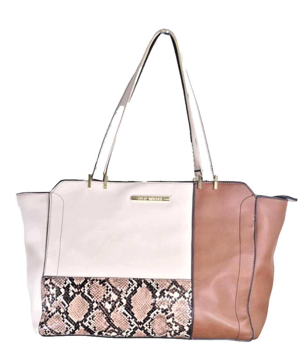 Steve Madden Nova Colorblock Tote Bag Tan Cream Faux Snakeskin Shoulder Purse